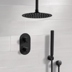 Matte Black Ceiling Thermostatic Shower System with Handheld, Rain Shower Head, Shower Faucet Set